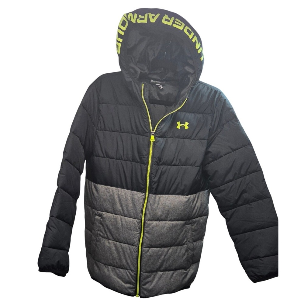 Under Armour Puffer Jacket Youth XL Black Grey Neon Yellow Excellent Hooded 2020